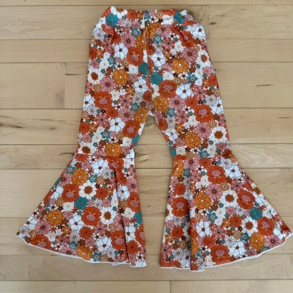 Girls Retro 70s style Floral Bell Bottom Flare Pants Orange Teal Boho 2-3Y